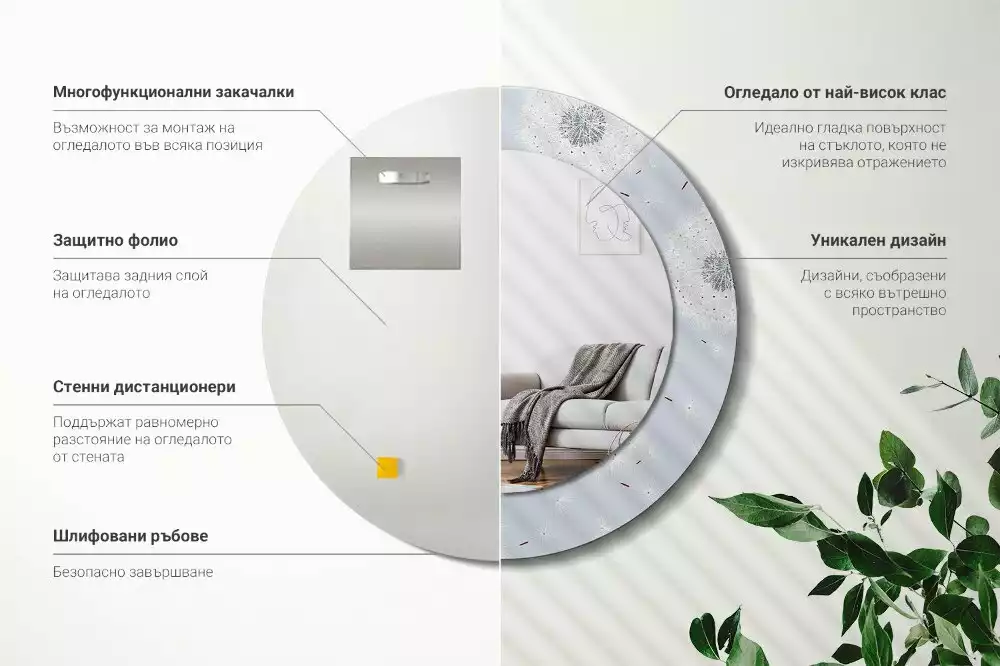 Oglindă rotundă ramă cu imprimeu Păpădii