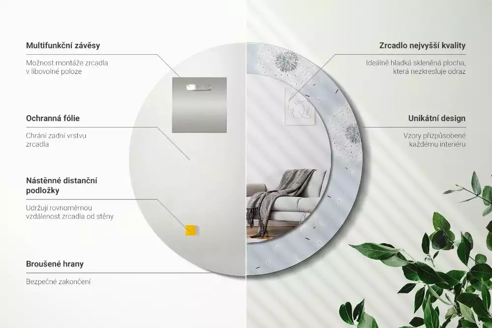 Oglindă rotundă ramă cu imprimeu Păpădii