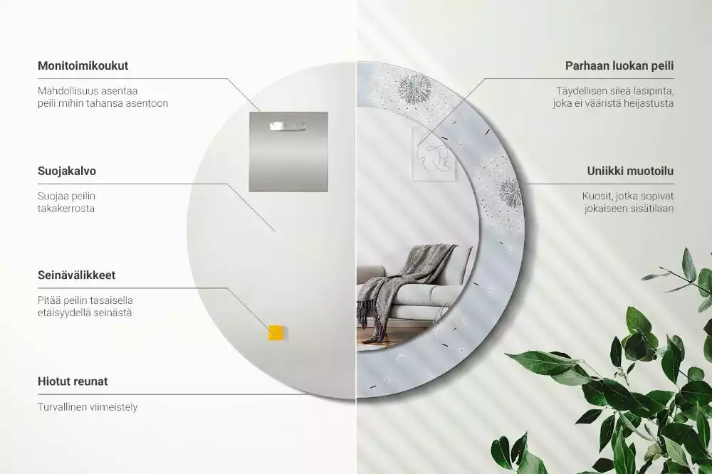 Oglindă rotundă ramă cu imprimeu Păpădii