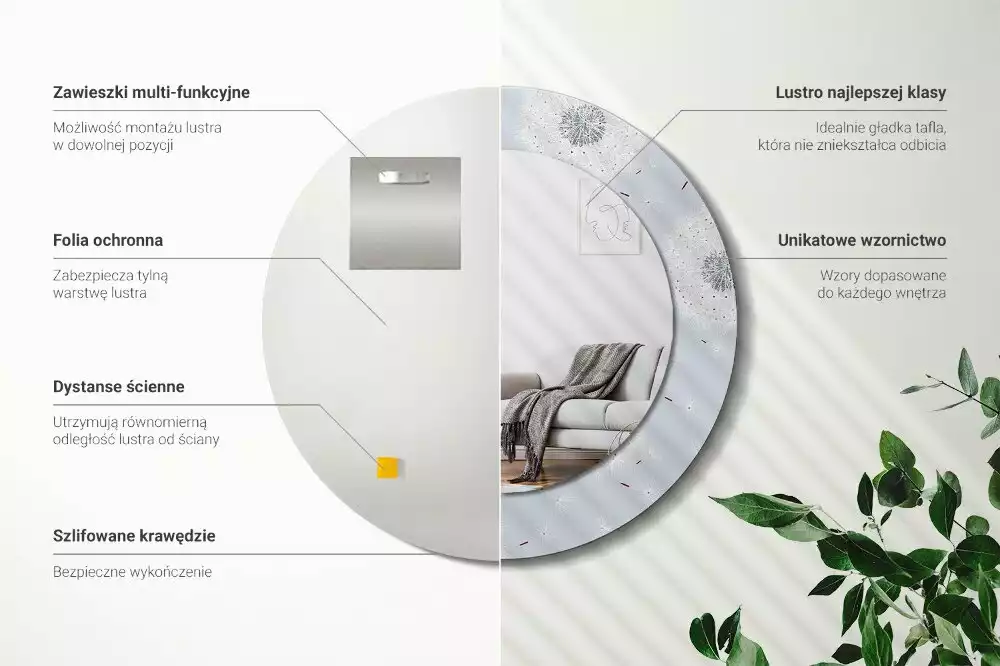 Oglindă rotundă ramă cu imprimeu Păpădii