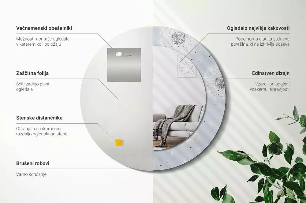 Oglindă rotundă ramă cu imprimeu Păpădii