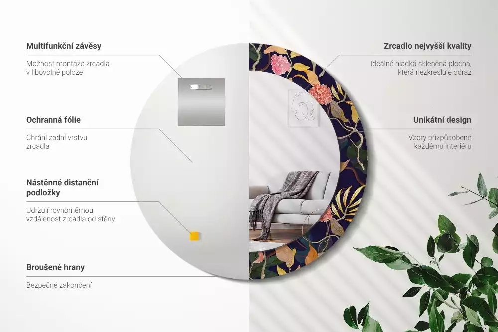 Oglindă cu decor rotundă Plante acuarelă