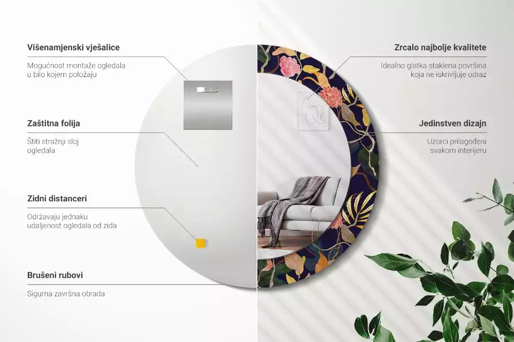 Oglindă cu decor rotundă Plante acuarelă