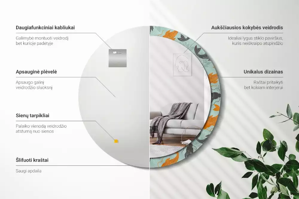 Oglindă rotundă ramă cu imprimeu Crap koi