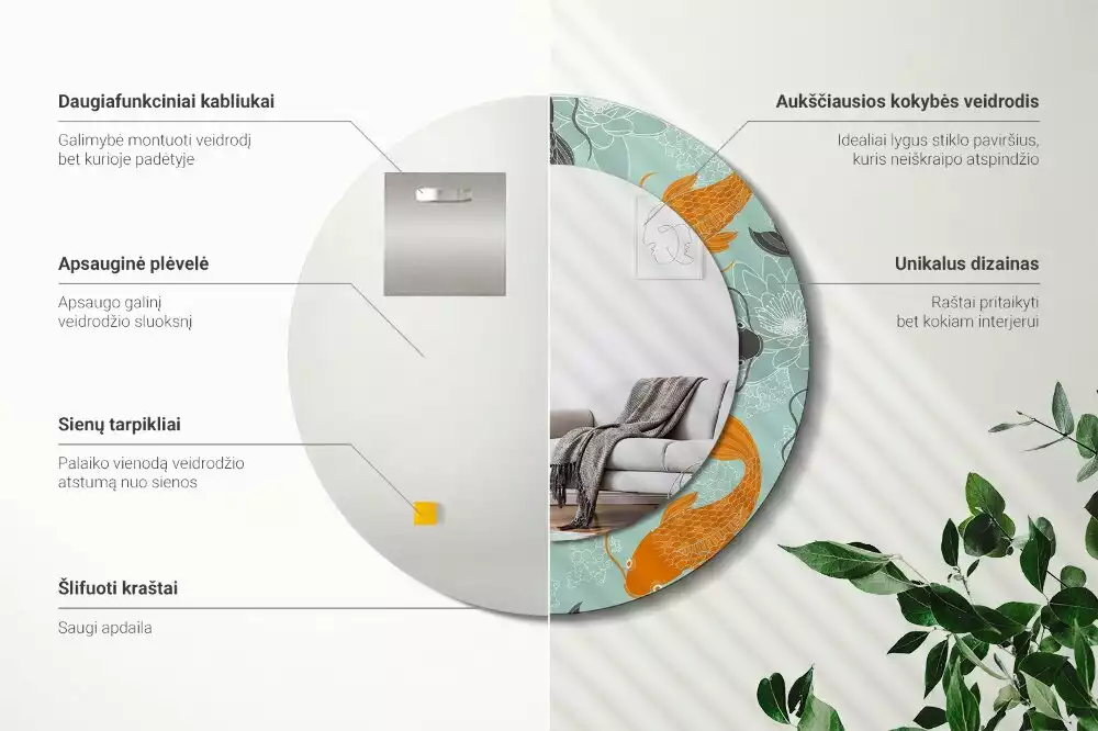 Oglindă rotundă ramă cu imprimeu Crap koi