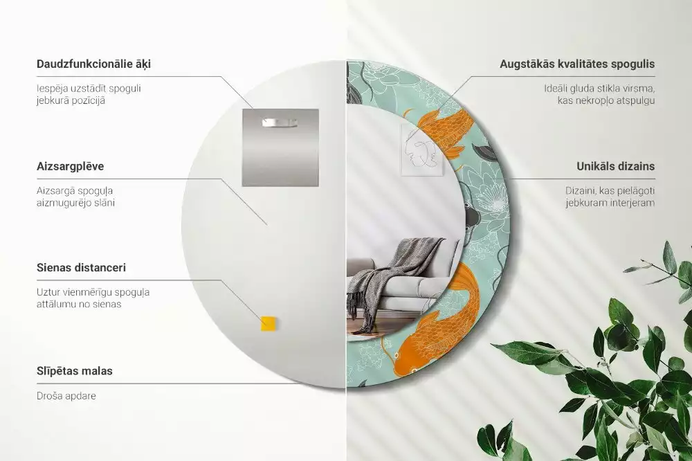 Oglindă rotundă ramă cu imprimeu Crap koi