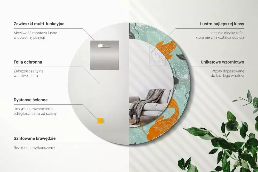 Oglindă rotundă ramă cu imprimeu Crap koi