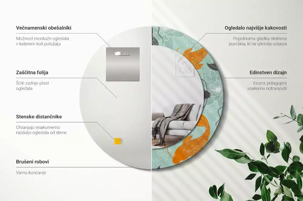 Oglindă rotundă ramă cu imprimeu Crap koi