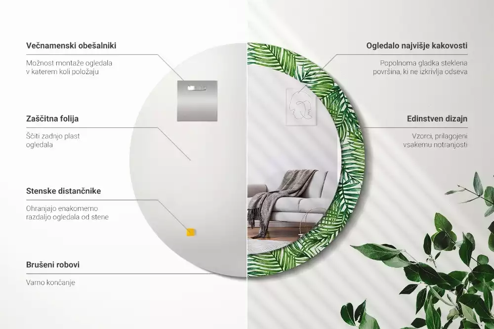 Oglindă rotundă imprimată Palmier tropical