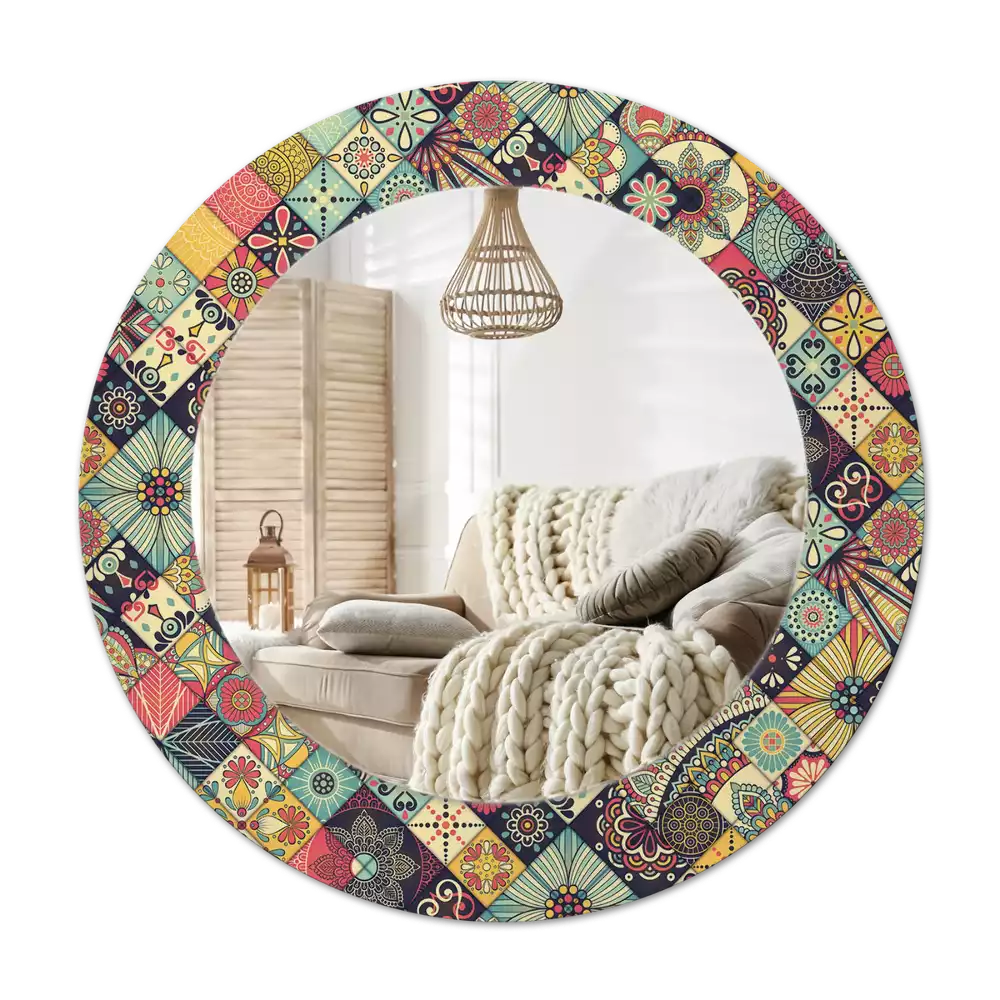 Oglindă rotundă ramă cu imprimeu Patchwork plăci