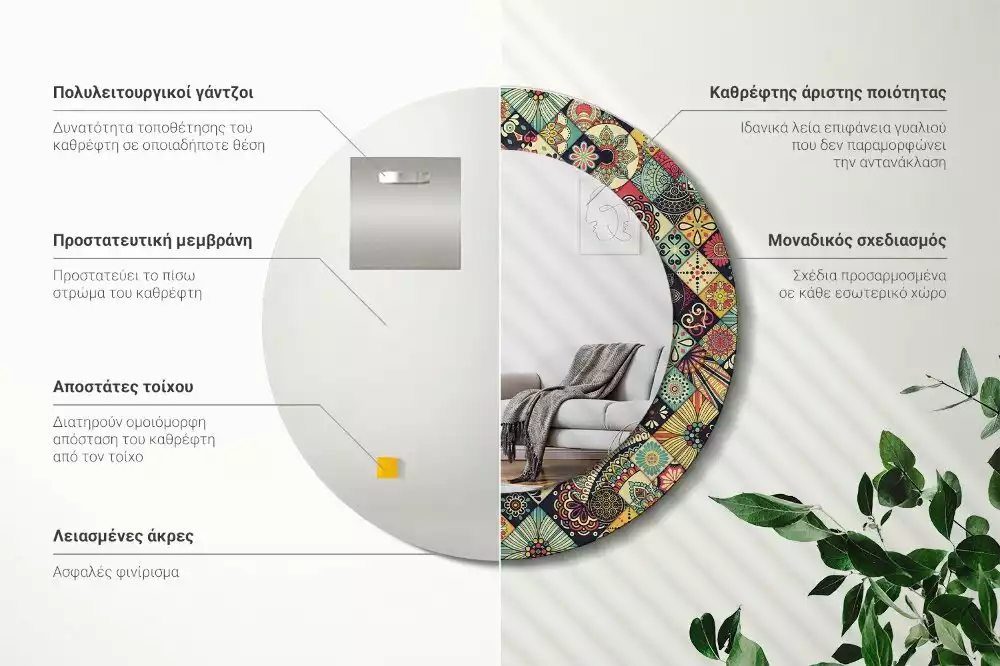 Oglindă rotundă ramă cu imprimeu Patchwork plăci