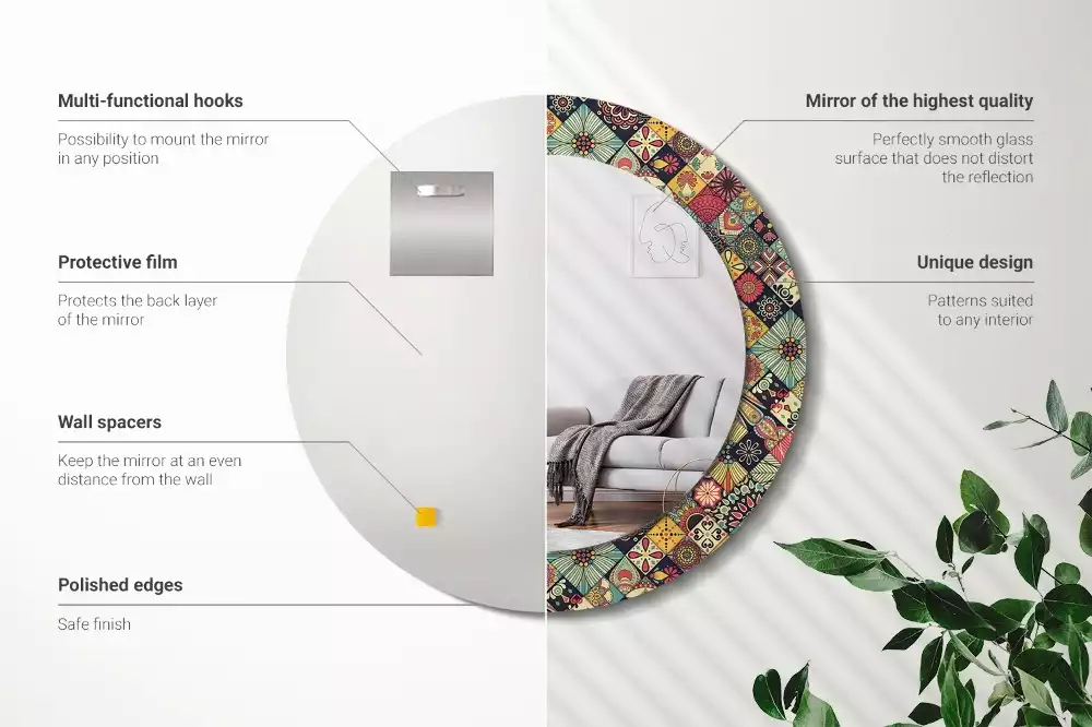 Oglindă rotundă ramă cu imprimeu Patchwork plăci