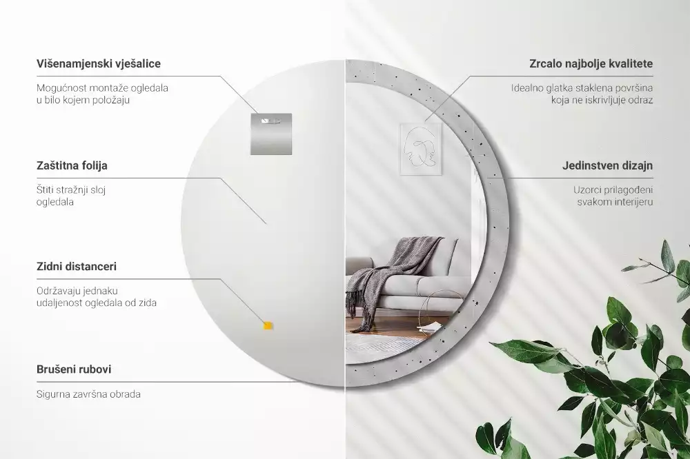 Oglindă rotundă ramă cu imprimeu Textură de beton