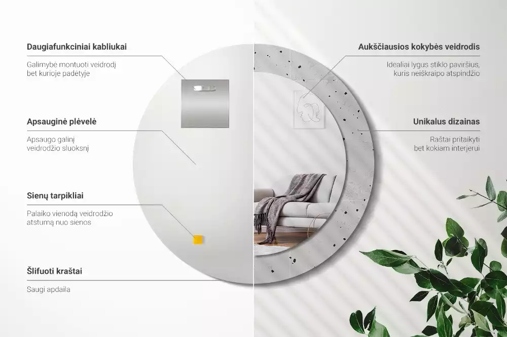 Oglindă rotundă ramă cu imprimeu Textură de beton