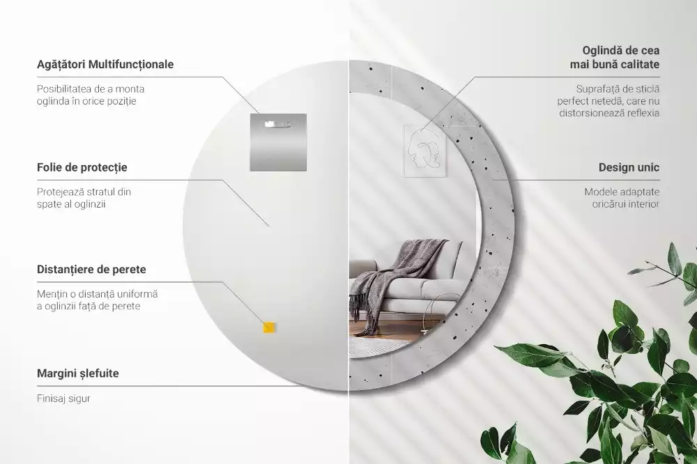 Oglindă rotundă ramă cu imprimeu Textură de beton