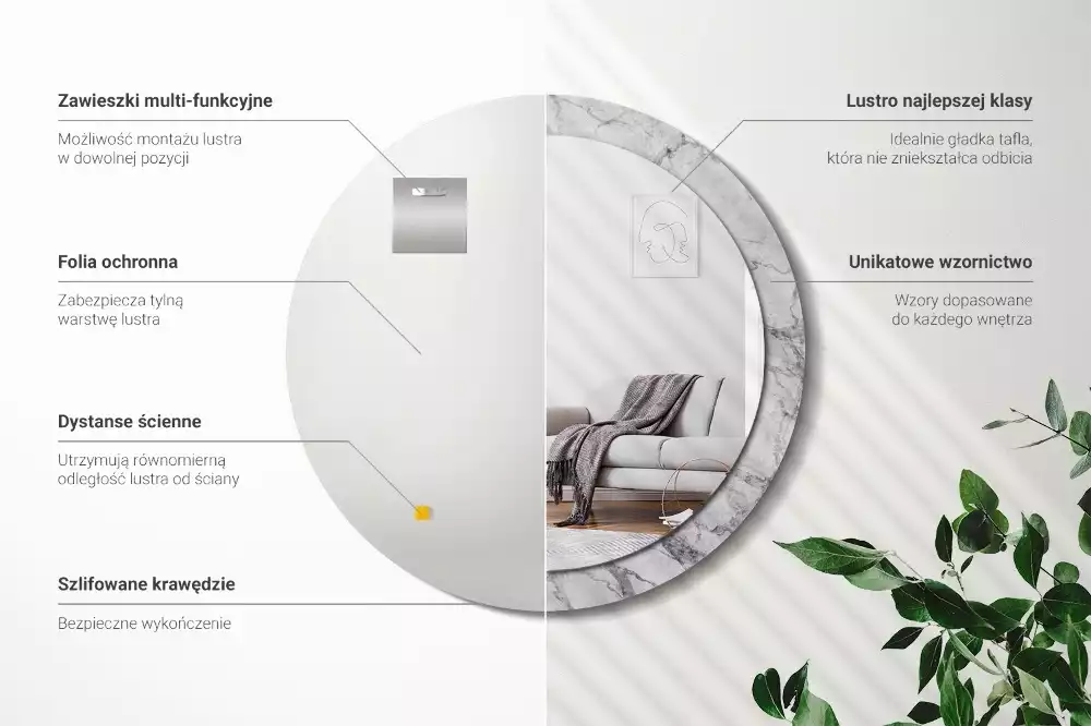 Oglindă rotundă ramă cu imprimeu Marmură albă