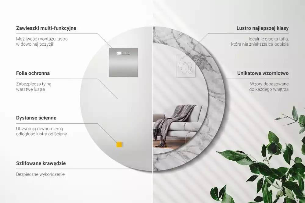 Oglindă rotundă ramă cu imprimeu Marmură albă