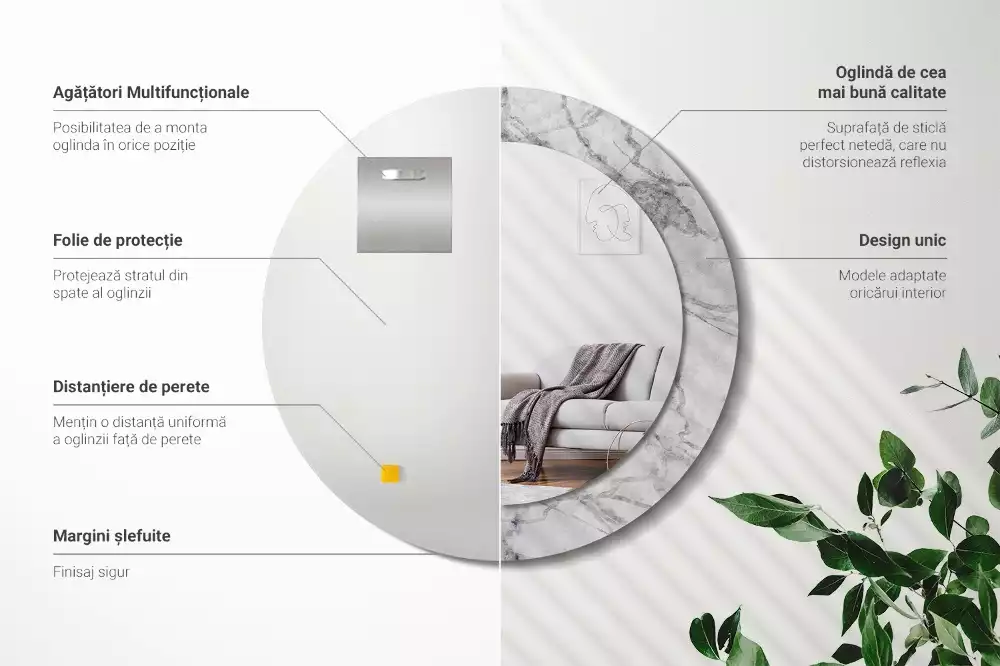 Oglindă rotundă ramă cu imprimeu Marmură albă