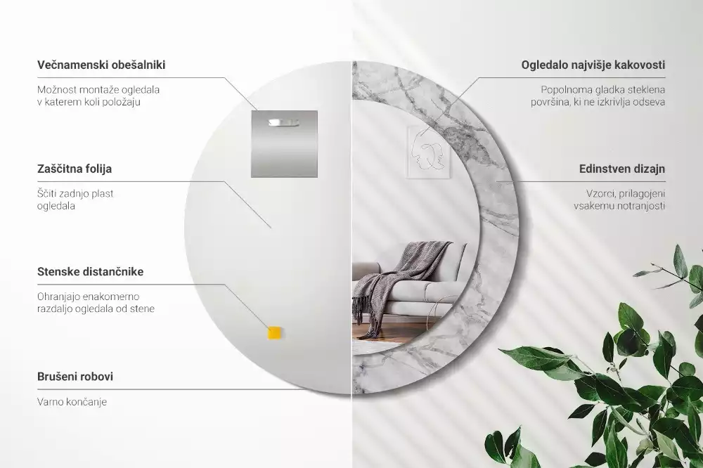 Oglindă rotundă ramă cu imprimeu Marmură albă