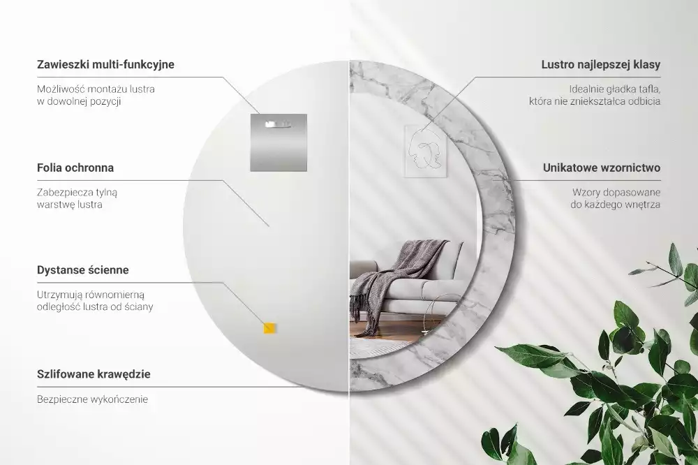 Oglindă rotundă ramă cu imprimeu Marmură albă