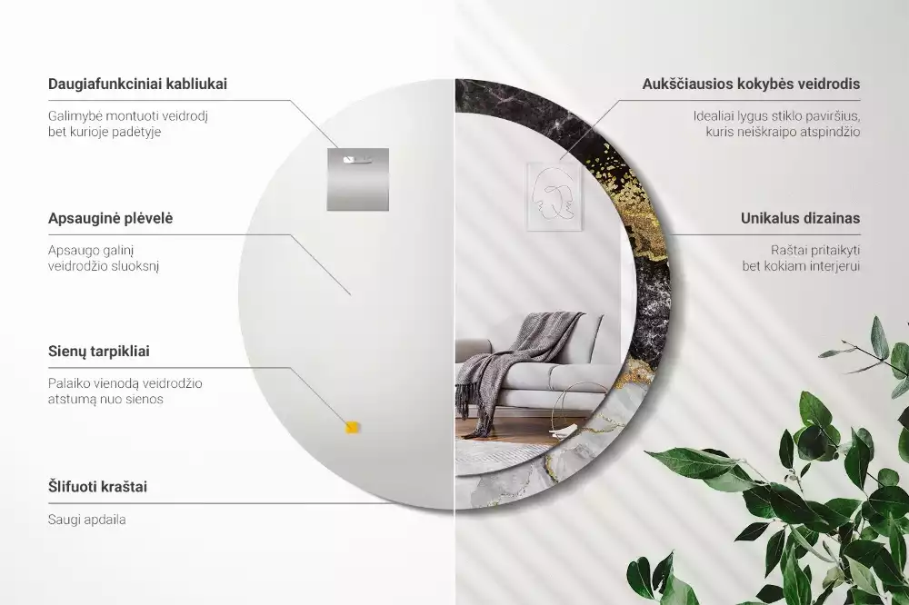 Oglindă rotundă imprimată Marmură stil loft