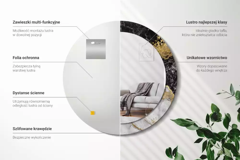 Oglindă rotundă imprimată Marmură stil loft