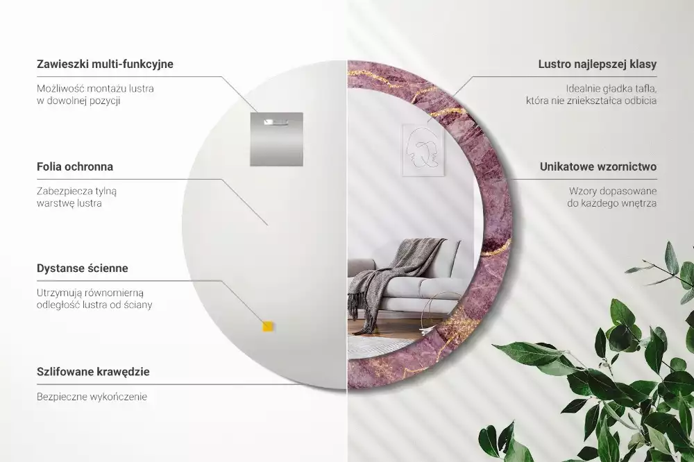 Oglindă rotundă ramă cu imprimeu Imitație marmură