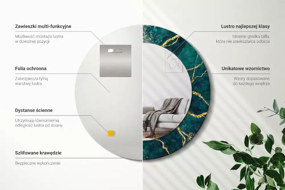 Oglindă rotundă imprimată Marmură verde