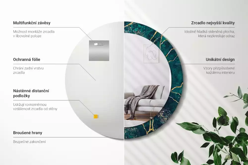 Oglindă rotundă imprimată Marmură verde