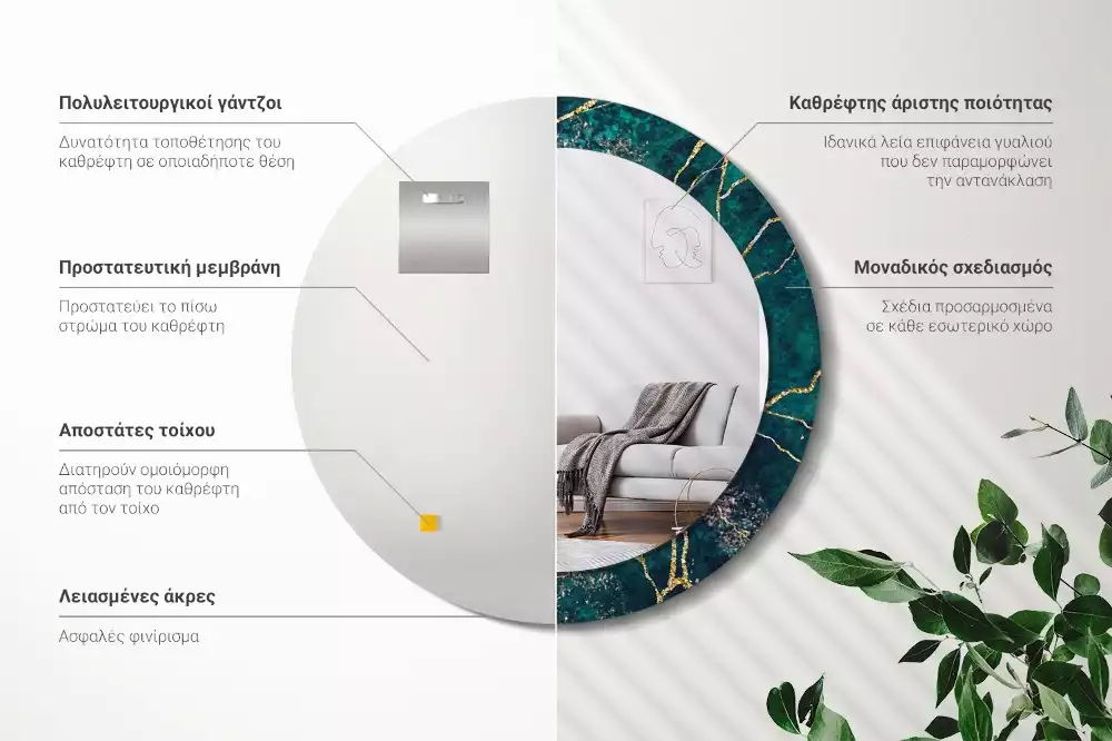 Oglindă rotundă imprimată Marmură verde