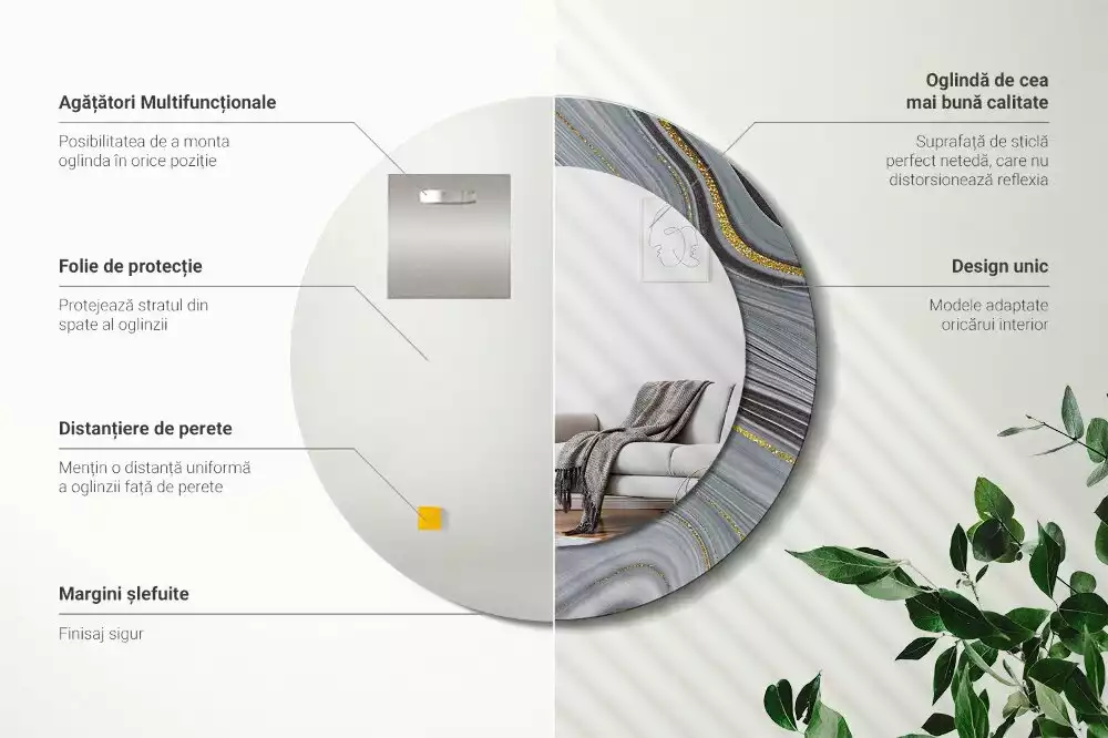 Oglindă rotundă ramă cu imprimeu Marmură gri