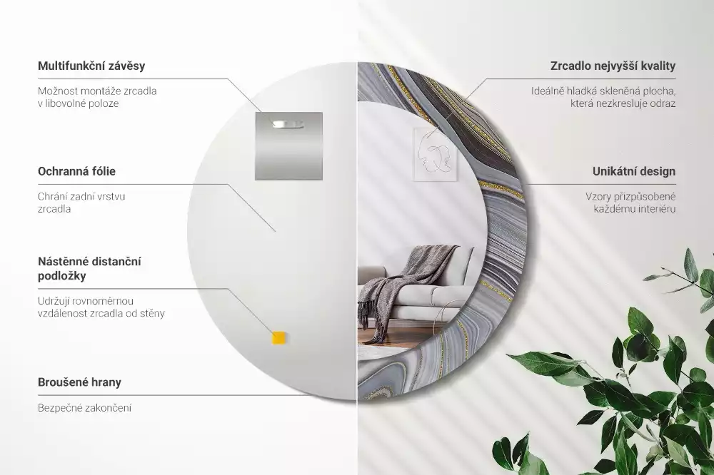 Oglindă rotundă ramă cu imprimeu Marmură gri