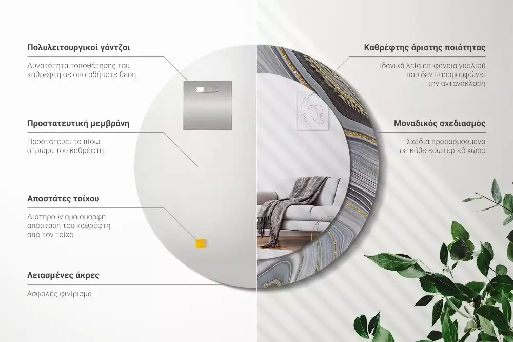 Oglindă rotundă ramă cu imprimeu Marmură gri