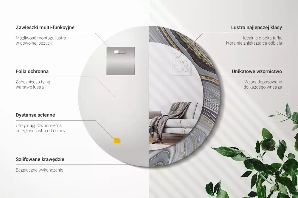 Oglindă rotundă ramă cu imprimeu Marmură gri