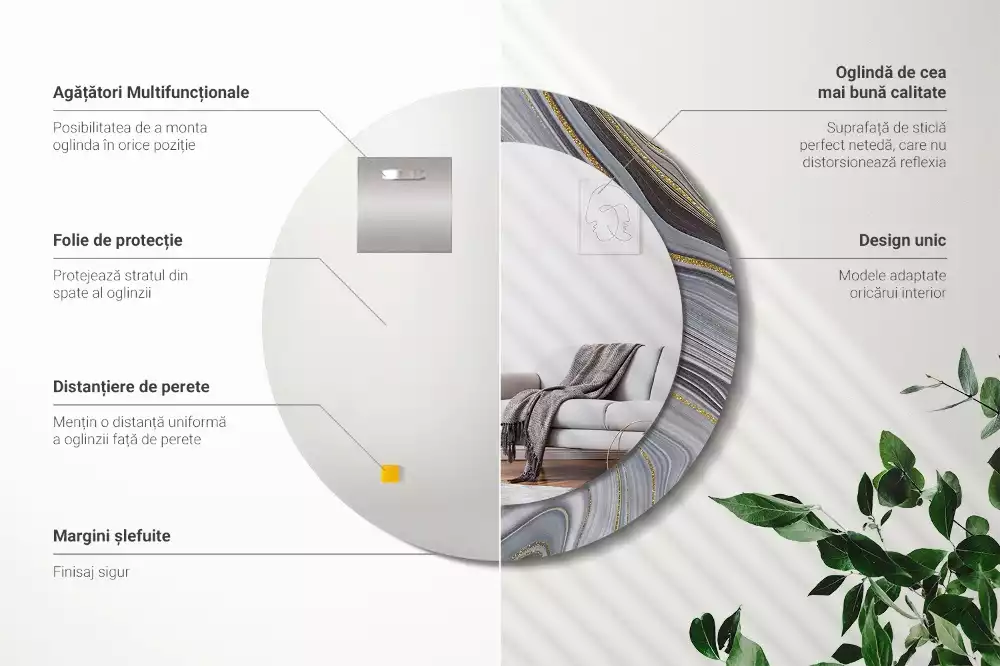 Oglindă rotundă ramă cu imprimeu Marmură gri