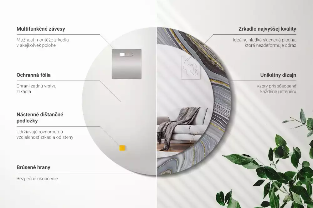 Oglindă rotundă ramă cu imprimeu Marmură gri