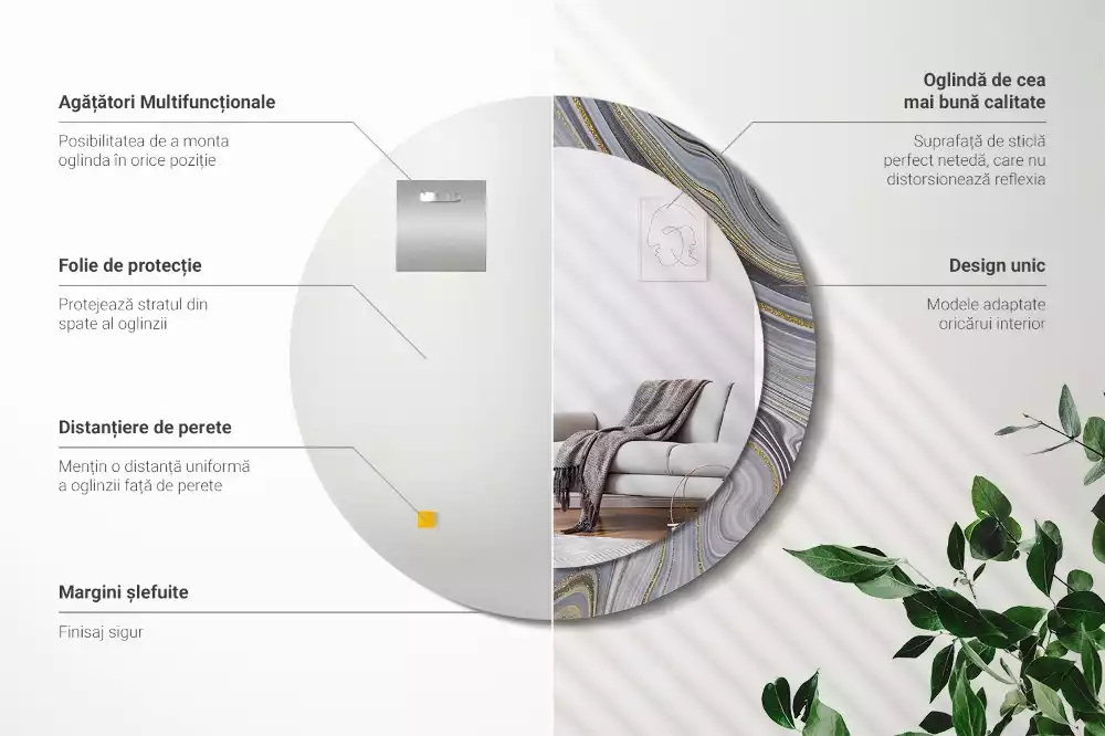 Oglindă rotundă ramă cu imprimeu Marmură gri