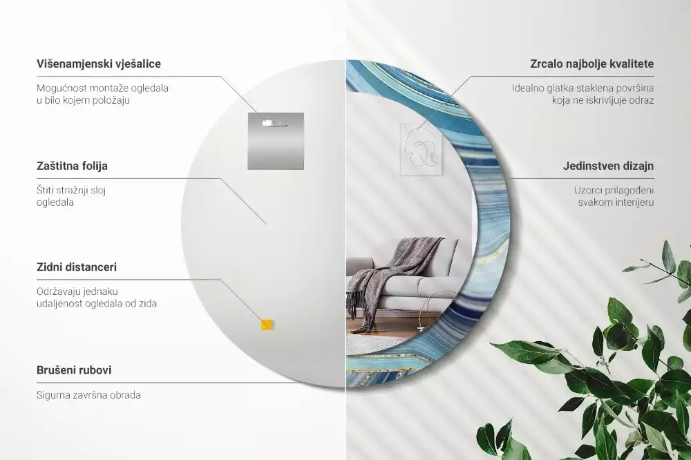 Oglindă cu decor rotundă Marmură albastră