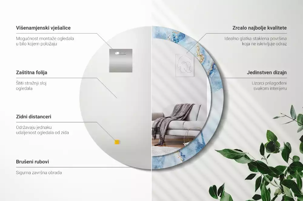 Oglindă rotundă imprimată Marmură bleu