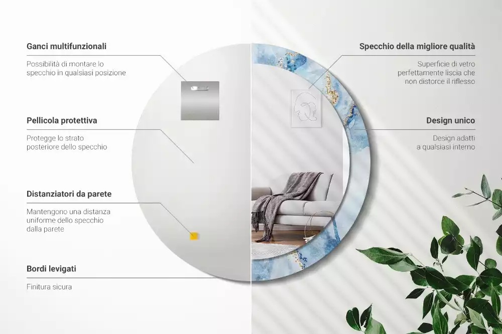 Oglindă rotundă imprimată Marmură bleu