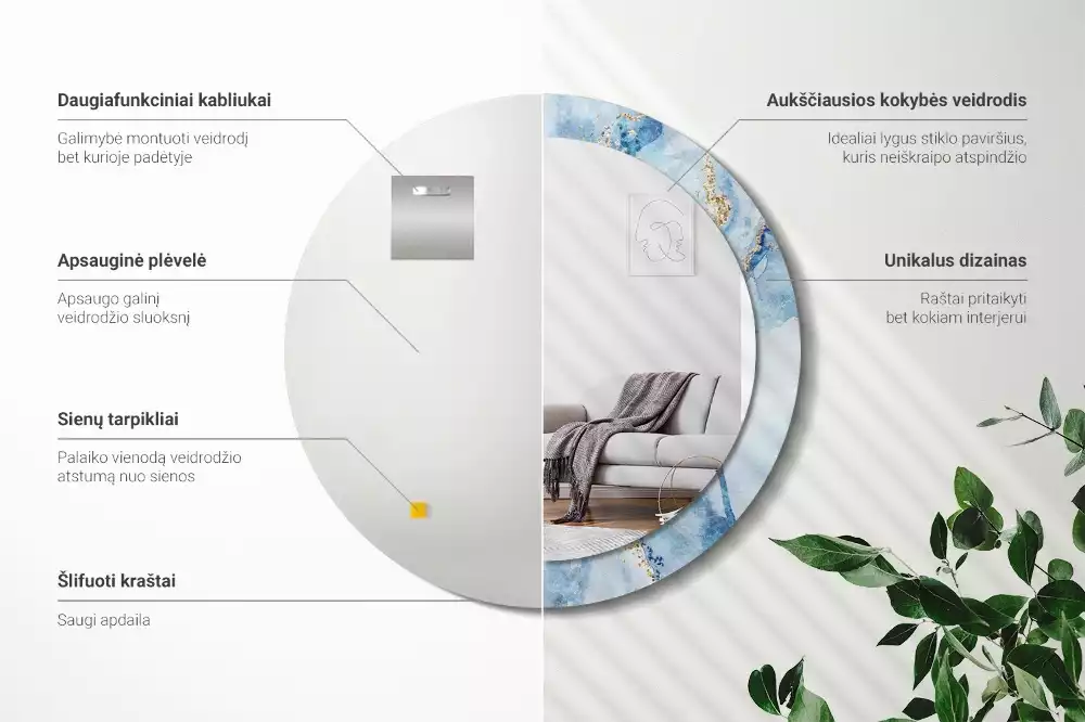 Oglindă rotundă imprimată Marmură bleu