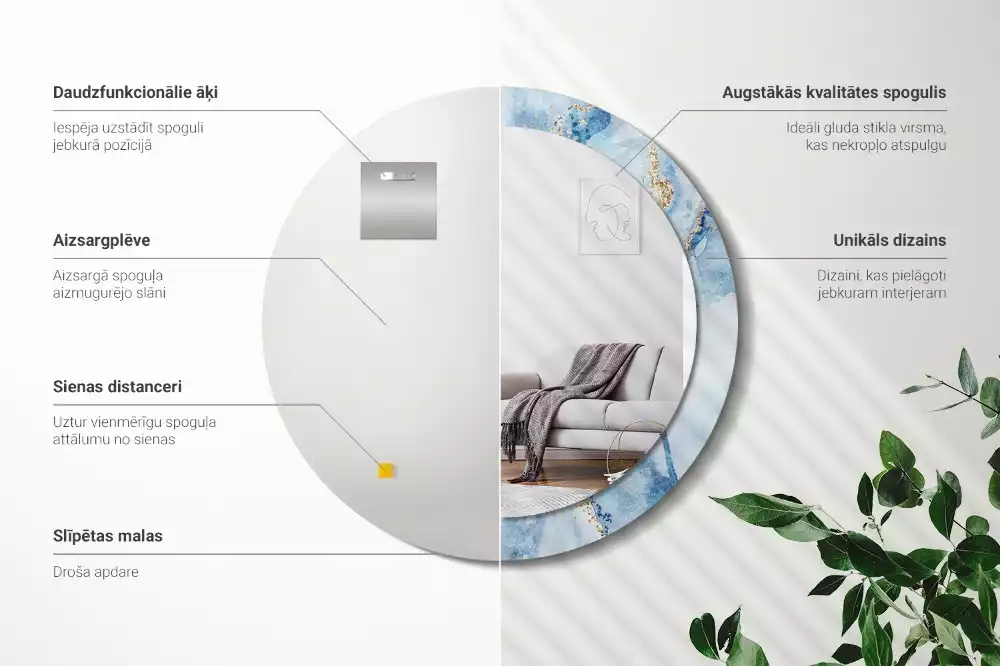 Oglindă rotundă imprimată Marmură bleu