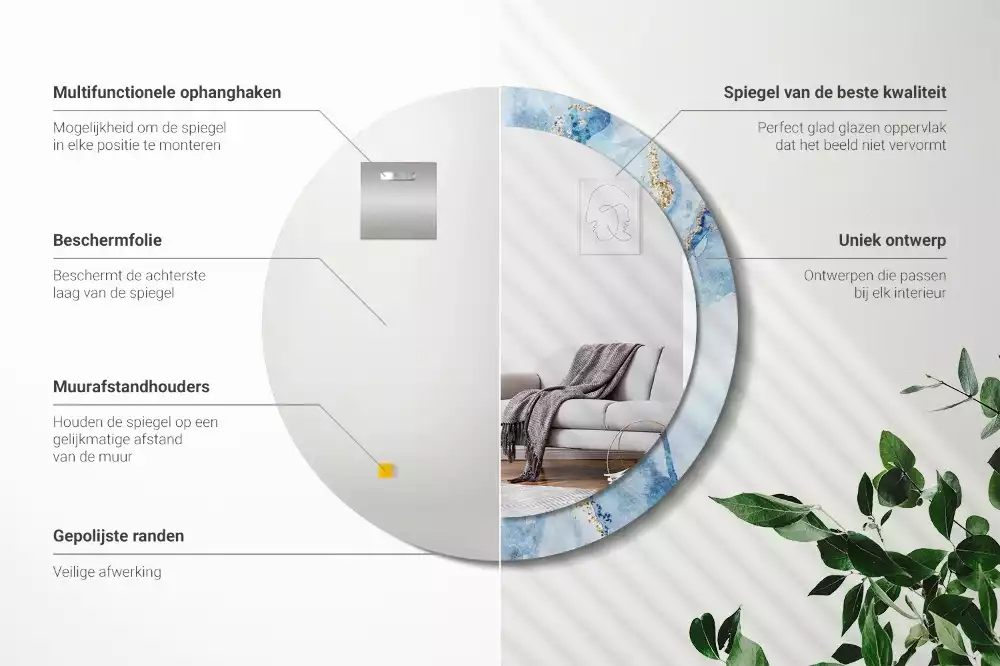 Oglindă rotundă imprimată Marmură bleu