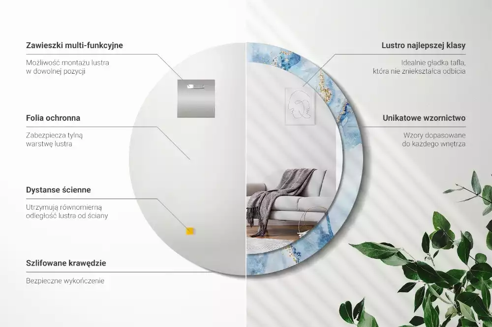 Oglindă rotundă imprimată Marmură bleu