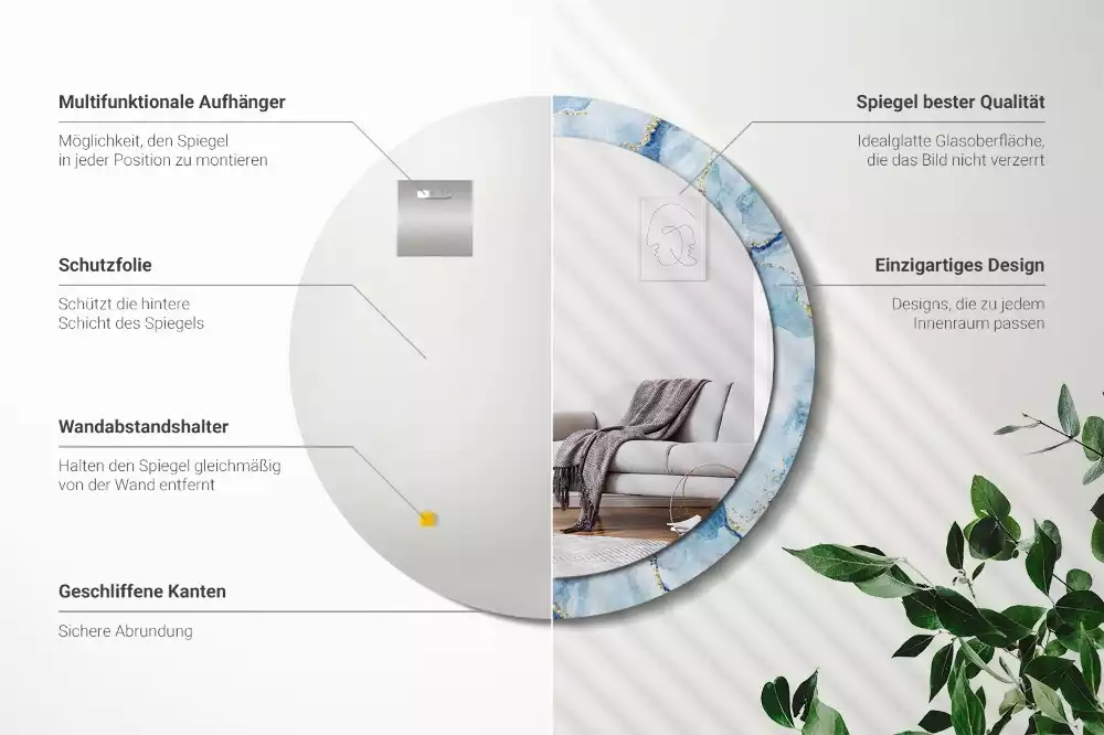 Oglindă rotundă imprimată Marmură bleu