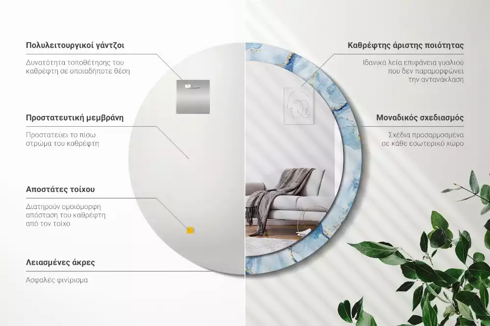 Oglindă rotundă imprimată Marmură bleu