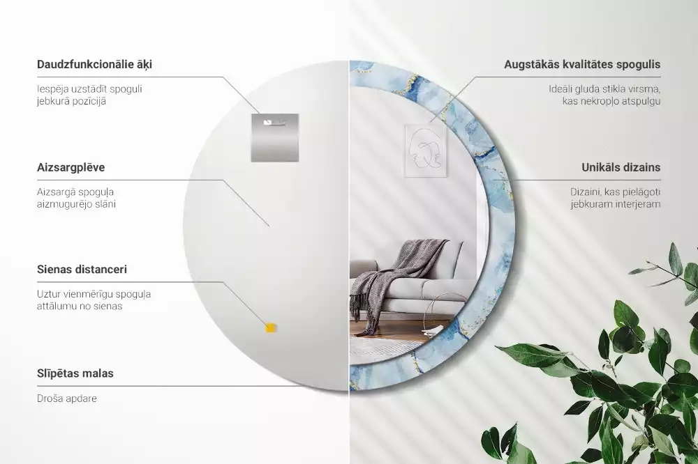 Oglindă rotundă imprimată Marmură bleu