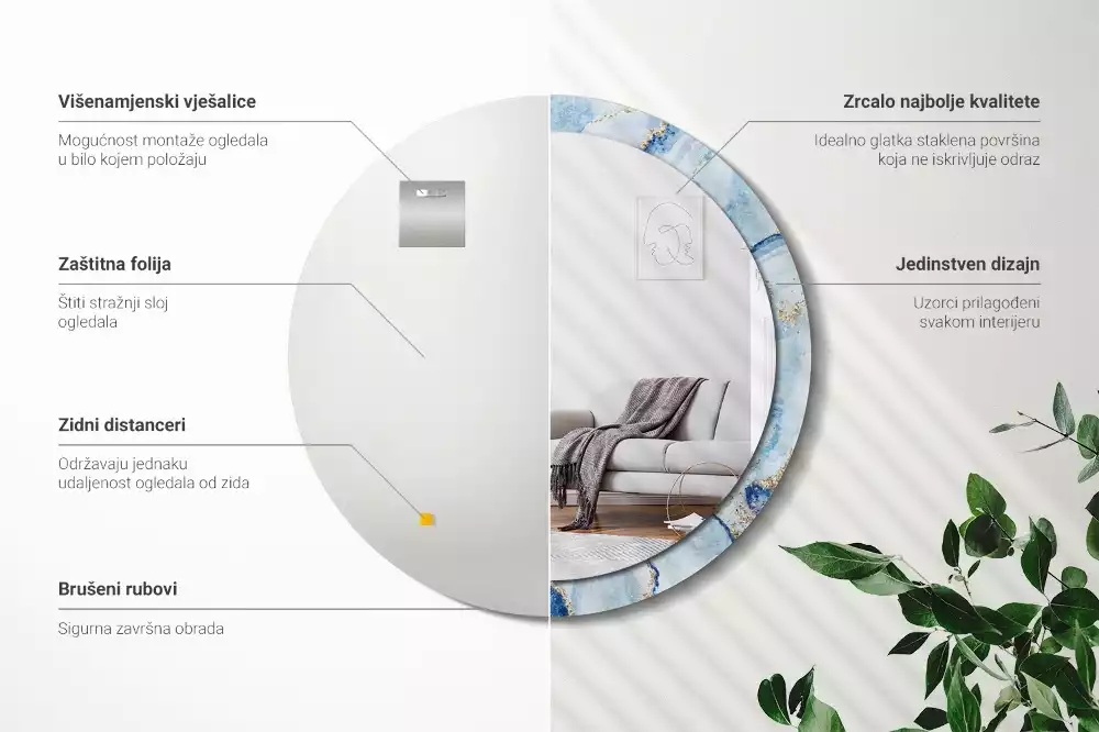 Oglindă rotundă imprimată Marmură bleu