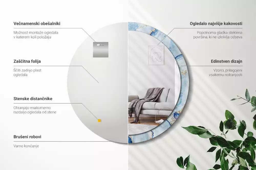 Oglindă rotundă imprimată Marmură bleu