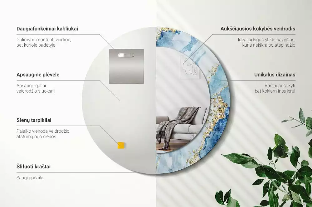 Oglindă rotundă imprimată Marmură bleu